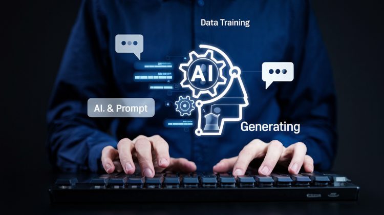 Pessoa digitando em teclado com gráficos virtuais de inteligência artificial, incluindo ícones de “AI”, “Data Training” e “Generating”.
